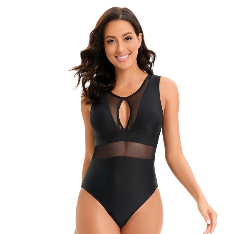 Womens One-Piece Swimsuit With Mesh Panel Solid Color Padded Bust Slimming Fit Swimming Beach Vacation