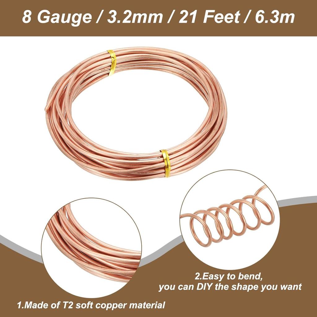 PATIKIL 99.9% Soft Copper Wire for Gardening, 8 Gauge/3.2 mm Diameter 21 Feet/6.3 m 1 Pound Spool Pure Bare Copper Wire for Jewelry Making Beading