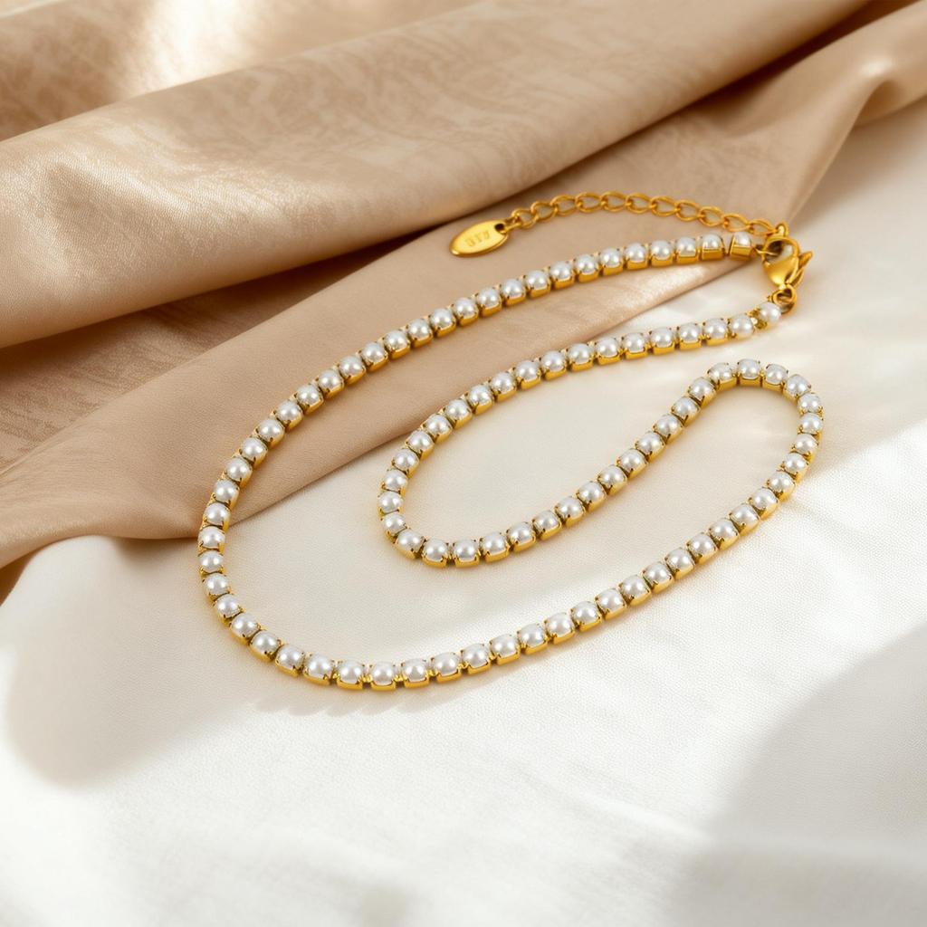 Elegant Temperament Women'S Stainless Steel Imitation Pearl Chain Necklace Bracelet 2757