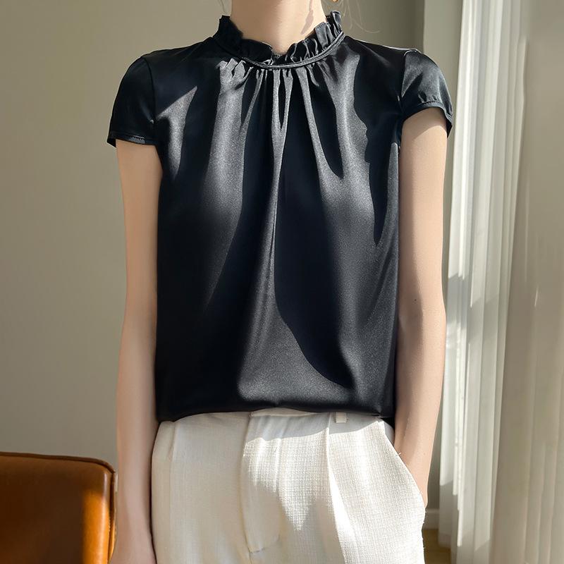 Women's Faux Silk Mock Neck Short Sleeve Satin Tank Top