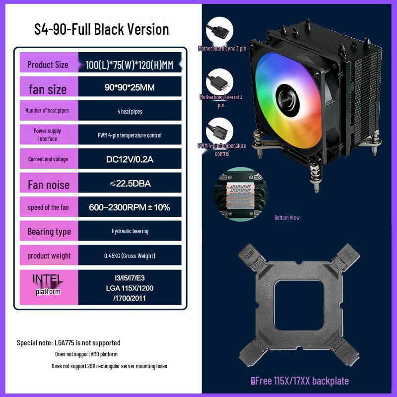 Black Fin Pure Copper CPU Cooler with 4 Heatpipes for 2011, 115X, and 1700 Platforms - Silent Desktop Fan