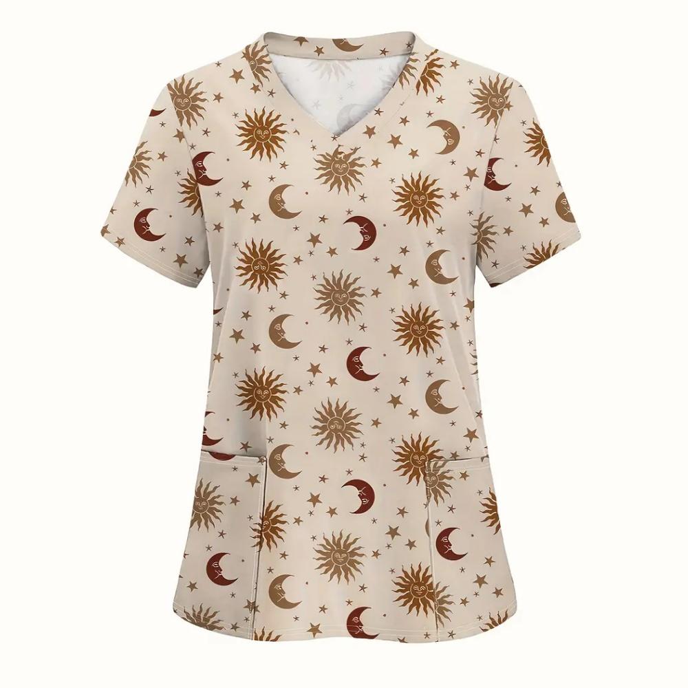 Women's Medical Uniforms Cartoon Pattern Print Dental Nursing Tops Fashion V-Neck Short Sleeve Vet Spa Clinical Uniform Woman
