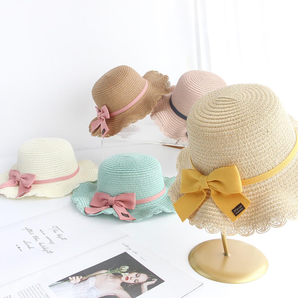 2026 New Summer Braided Children's Sunshade Straw Hat Lace Bow Braided Sun Hat Bag 2 Sets