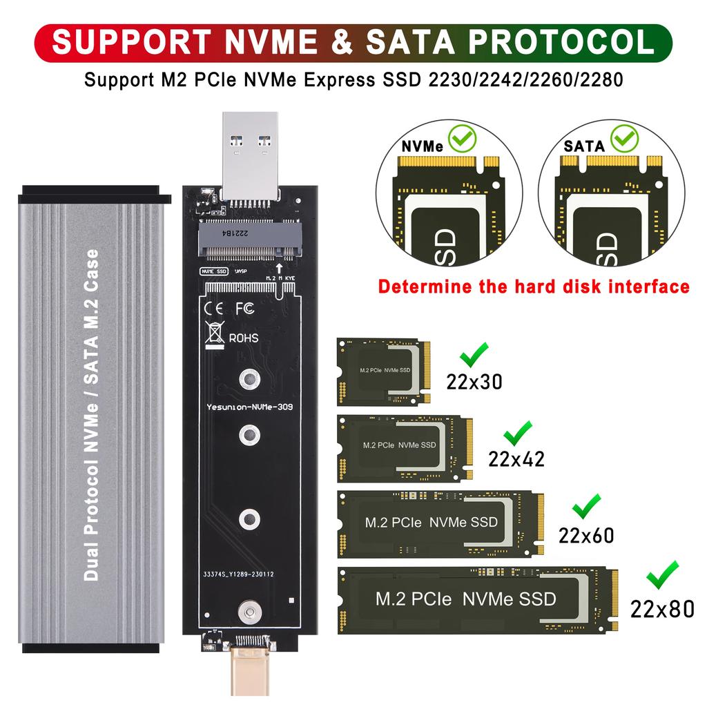 M.2 SSD Case NVMe USB Type-C Gen2 10Gbps PCIe SSD Case M2 SATA&NGFF M.2 NVME Enclosure Disk Box Direct Insertion M.2 SSD Case