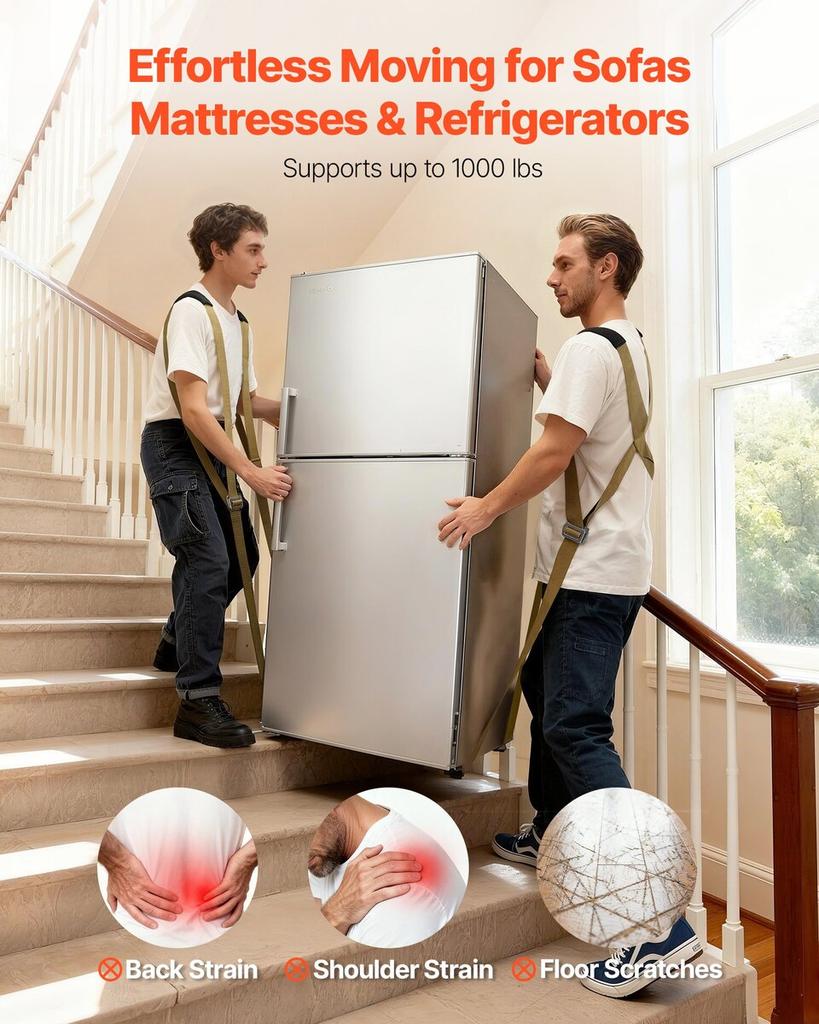 Moving Straps, Supports Up To 453.6 Kg, 2-Person Lifting and Moving System with 2 Harness Straps & 2 Load-bearing Straps, Adjustable Lifting Shoulder