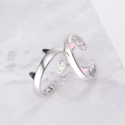Moda Tatlı Hayvan 925 Ayar Gümüş Takı Kişilik Siyah Ve Pembe Kedi Kulak Ayak Izleri Epoksi Açılış Yüzükler XZR015