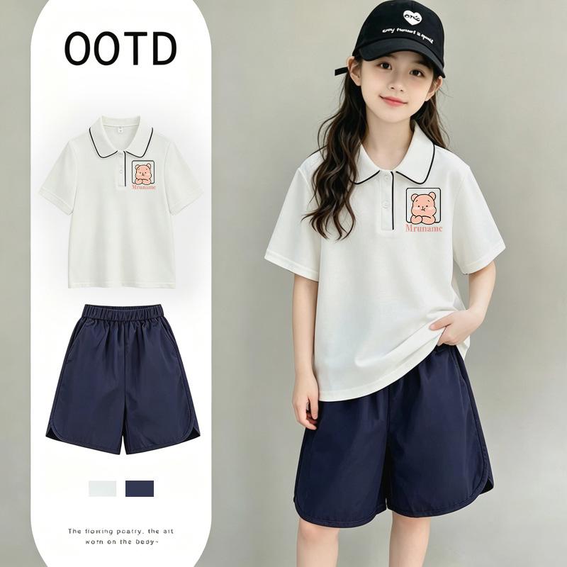Girls' Summer Cotton Polo Shirt Set (Ages 6-12) – College Style with Lapel and Short Sleeves