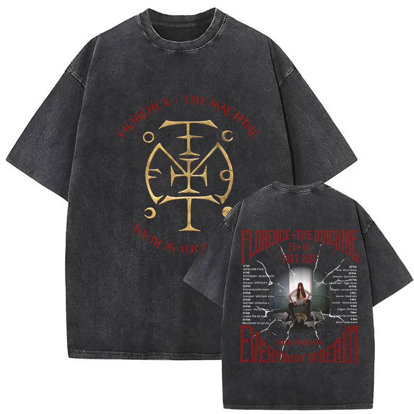 Florence and The Machine Tour  Vintage Washed T Shirt Men Women Harajuku Aesthetic Oversized Cotton Tshirts Yk Streetwear