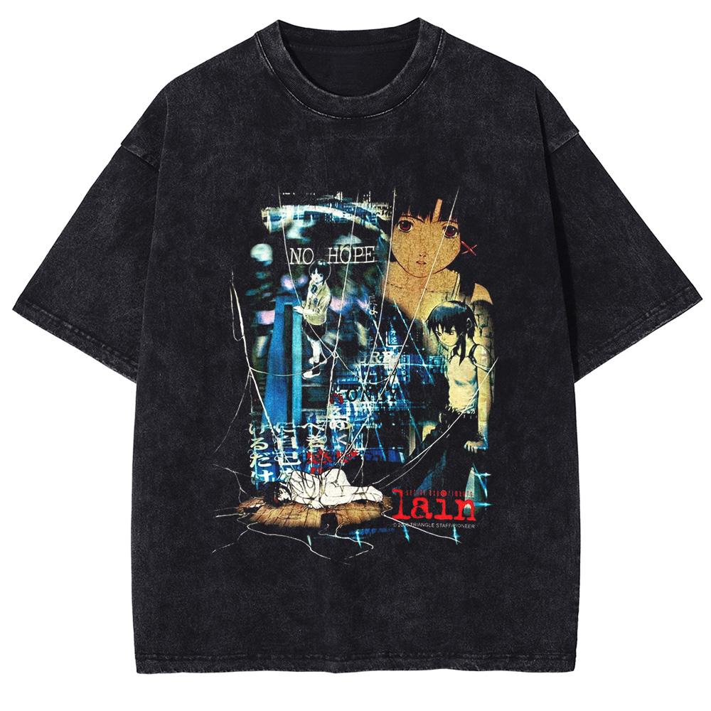 Japanese Manga Lain Print Tshirt For Men Women Clothing Harajuku Washed Oversized T Shirt Summer Cotton Short Sleeve Tee Tops