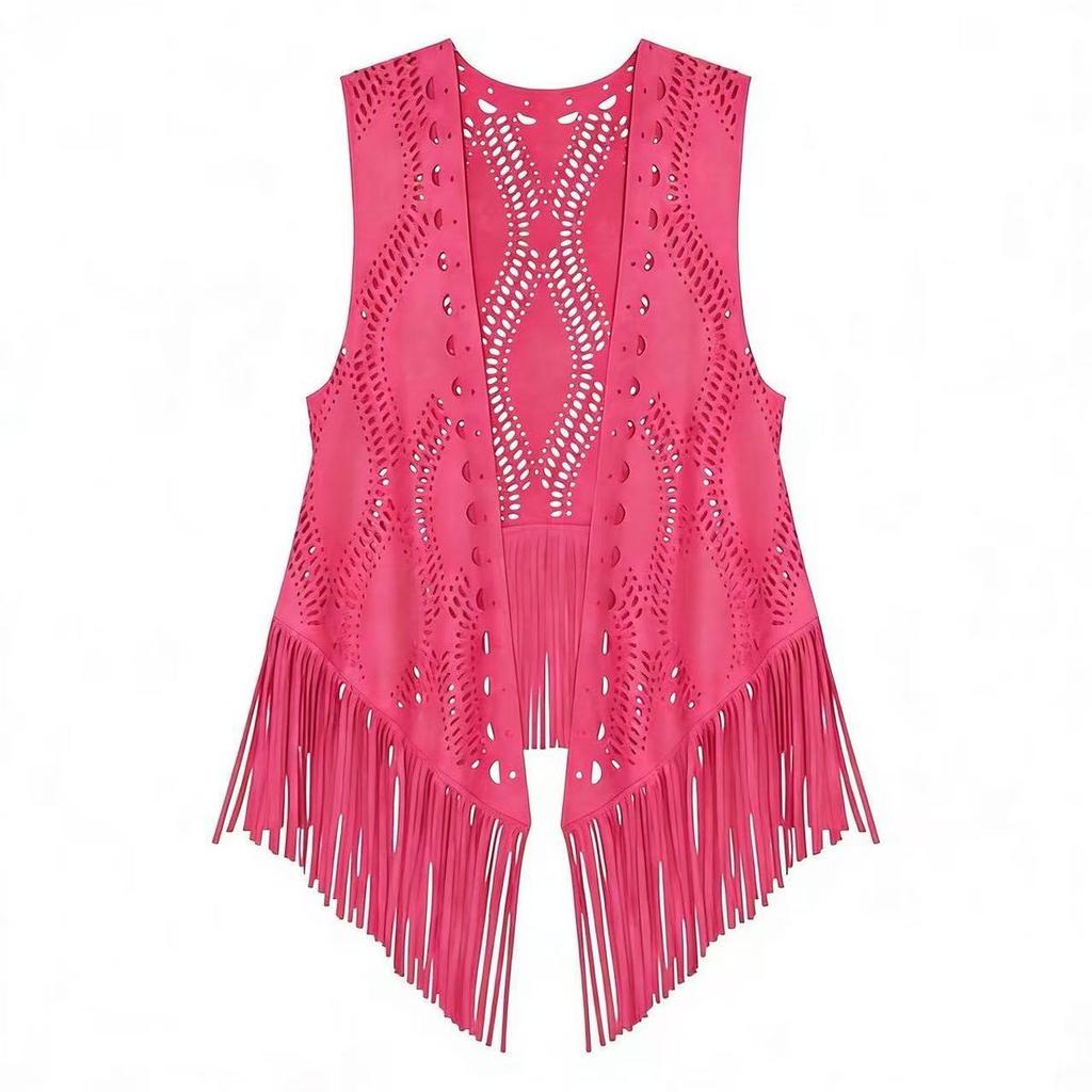 Women's Hollow Out Cardigan Vest Fringes Bohemian Retro Solid Color Cardigan Vest