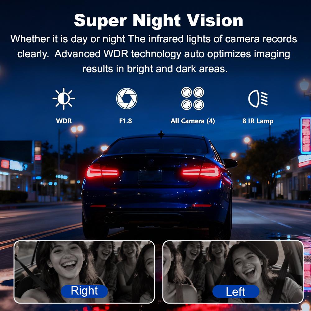 BEPOCAM Dash Cam 4K 4 Channel Front and Rear Inside 360° Car Camera for Cars Built-in WiFi GPS WDR Night Vision 24H Parking Mode