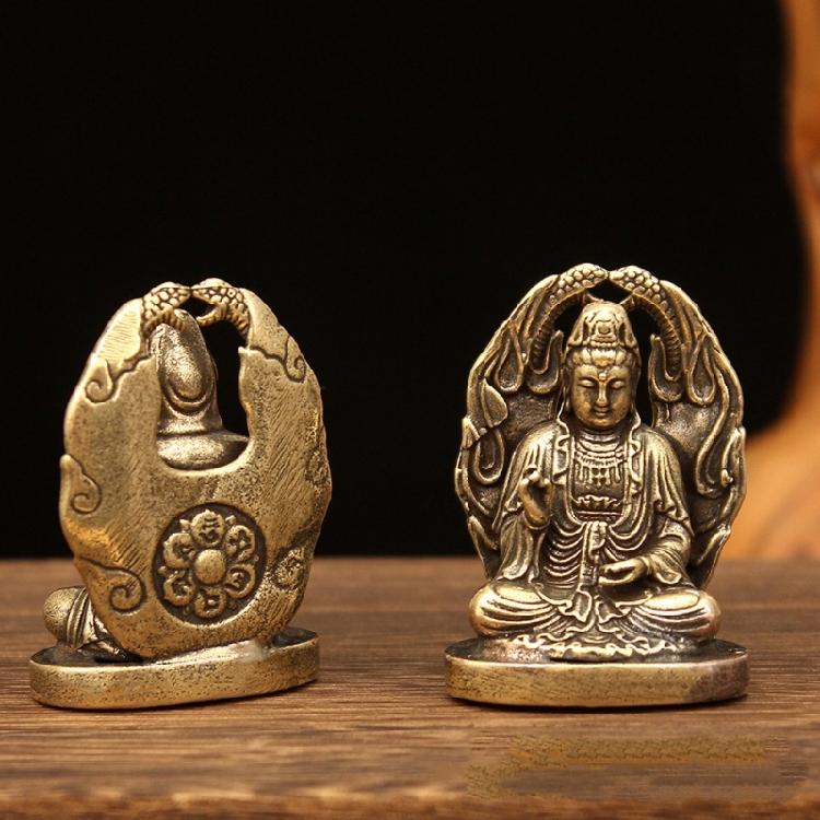Metal Bodhisattva Sculpture with Aged Finish and Integrated Round Base for Desk, Windowsill, Tea Table, Entryway, or Shelf Placement