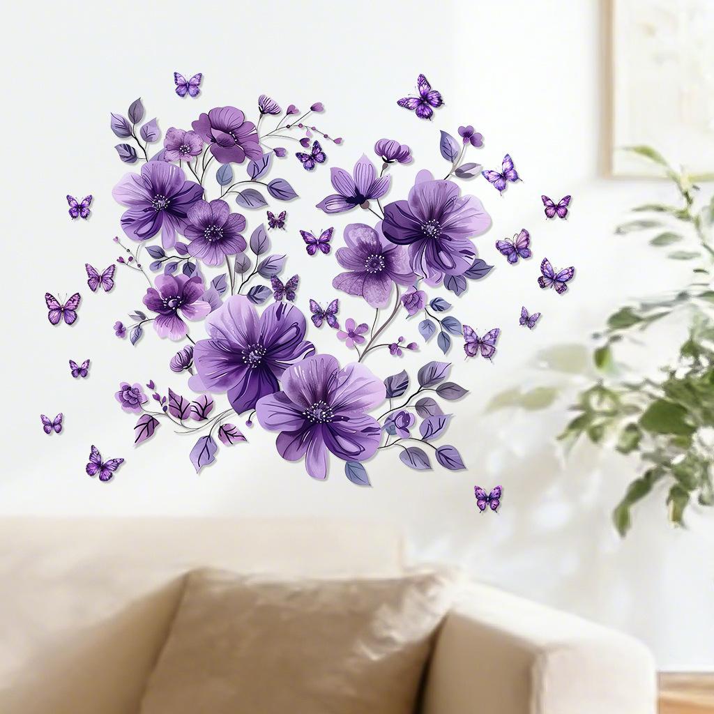 Purple Floral Butterfly Wall Stickers, Removable Anti-Static Waterproof Self-Adhesive PVC Decals for Living Room Bedroom Home Decor