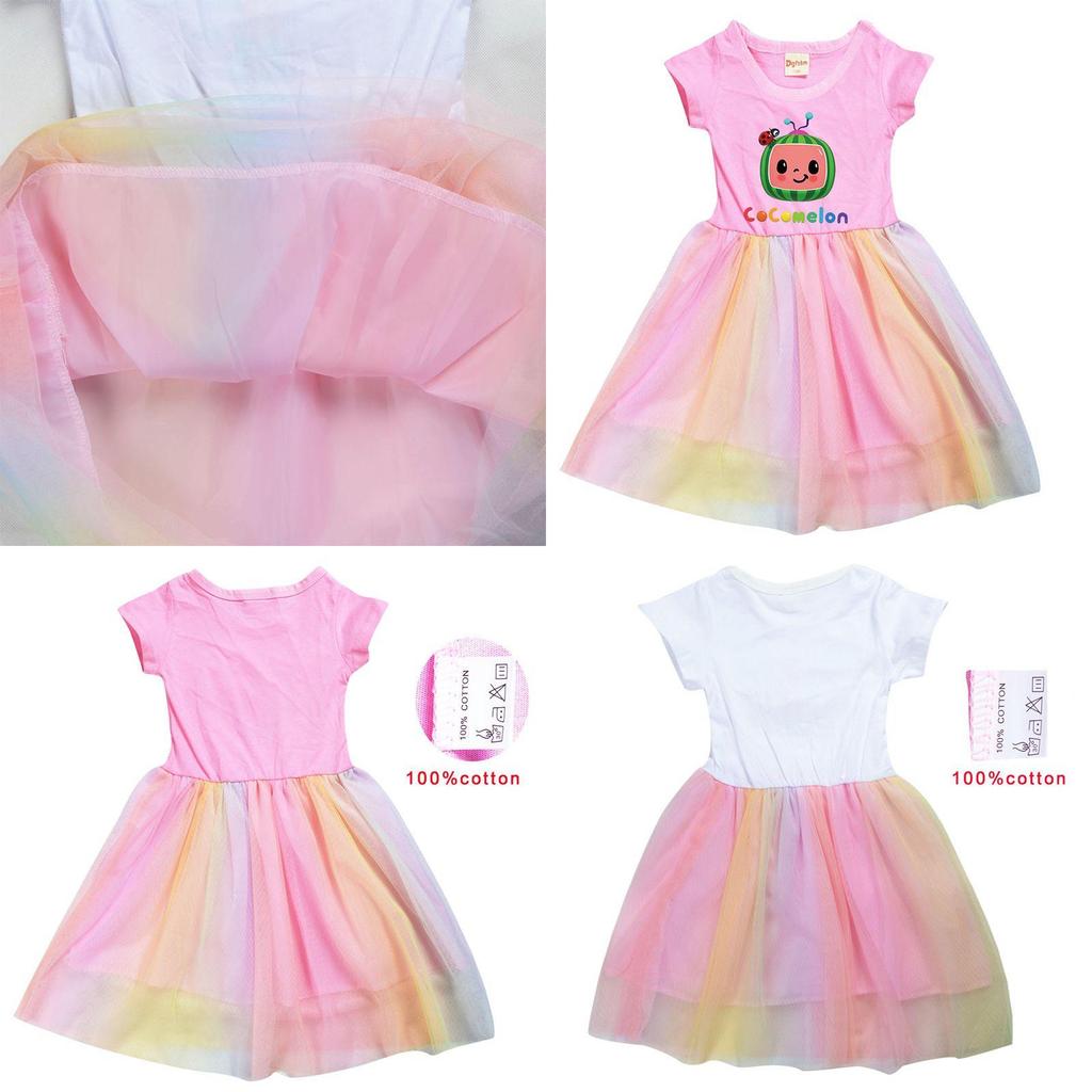 Cocomelon Kinder Mädchen Prinzessinnenkleid Mit Kurzem Ärmel Cartoon Anime Druck Und Atmungsaktivem Netzstoff