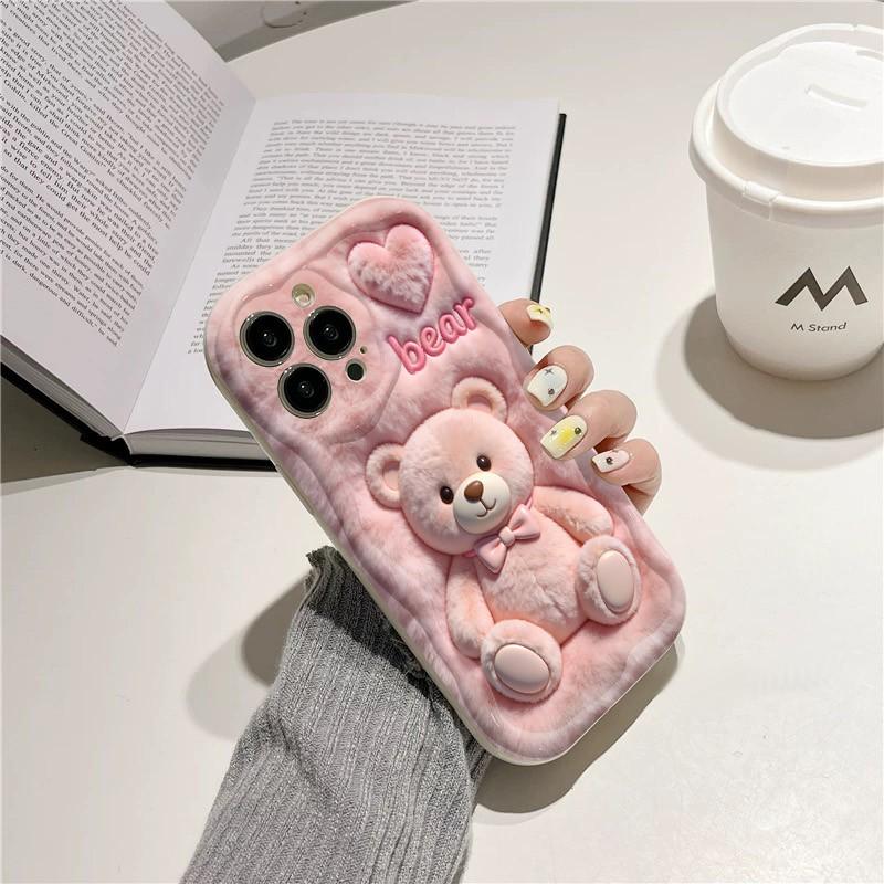 Cute Cartoon Pink Plush Bear Printed Phone Case For iPhone 17 16 Pro Max 15 14 13 12 11 Cover For iPhone Air 16E XS XR X Fundas