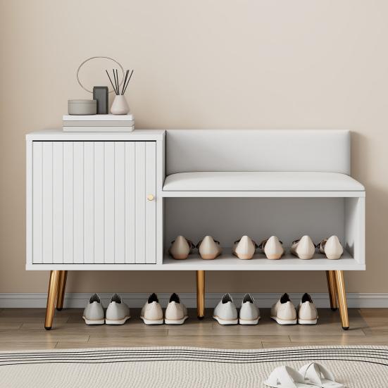 Shoe Cabinet with Storage Space, Padded Bench And Backrest, Shoe Shelf with Metal Handles And Solid Legs