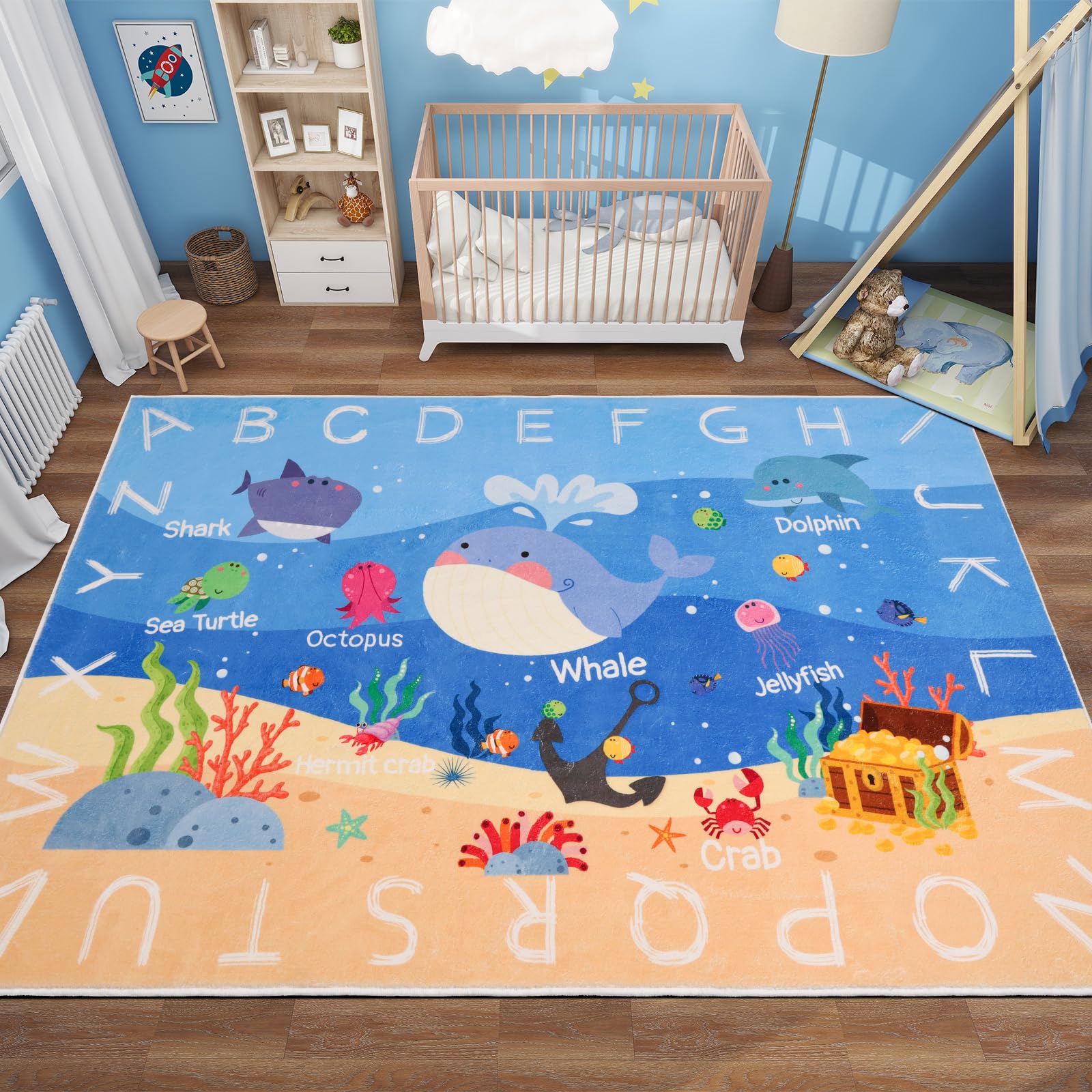 

Детские ковры для игровой комнаты, 150x100 см, детский ковер с алфавитом ABC и китом, нескользящий детский коврик-мат с морской тематикой, моющийся образовательный ковер для класса, детская зона Ca 160cm x 230cm