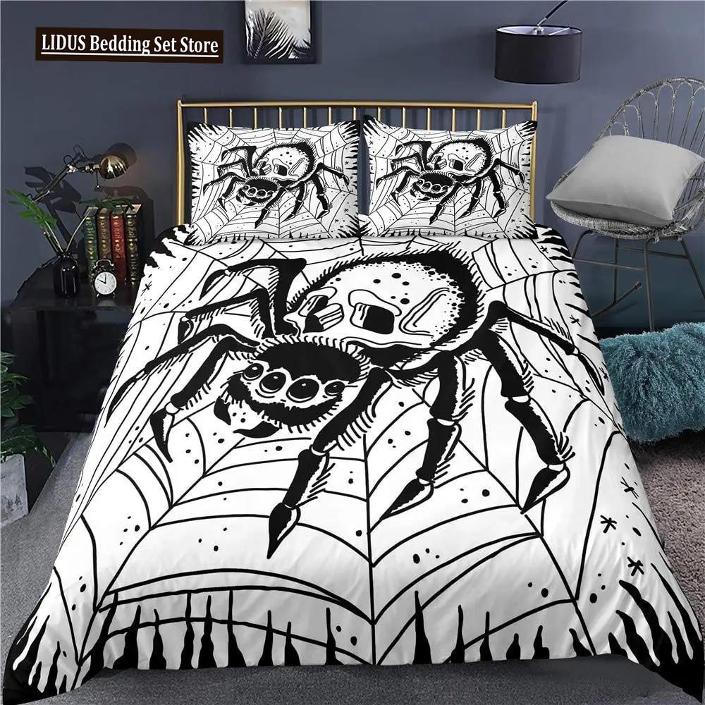 Skull Bedding Duvet Cover Set, White And Black Boho Gothic Skull Skeleton Bones Theme Bed Comforter Cover For Adults Decor