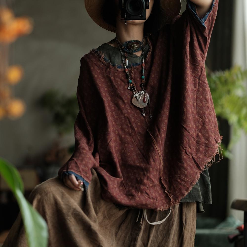 Johnature Vintage Women Red Print Floral T-Shirts Autumn O-Neck Long Sleeve Female Loose T-Shirts