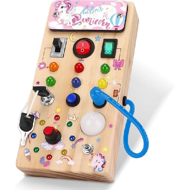 Hoarosall Montessori Wooden Busy Board with 8 LED Light switches, Sensory Toys Light Switch Travel Toys for 1+ Year Old Baby and Toddler Unicorn Busy Board