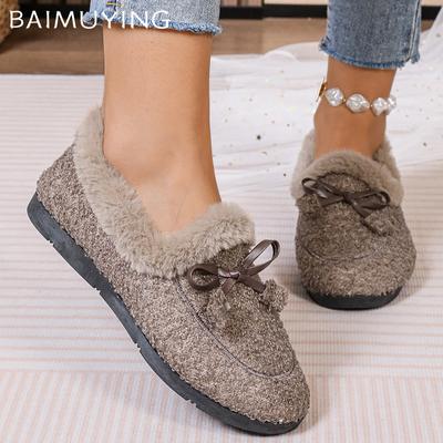 Flats Women Loafers Shoes Bow Fur Designer Casual Shoes Short Plush Cotton Boots Winter New Brand 2024 Trend Warm Zapatos Femme