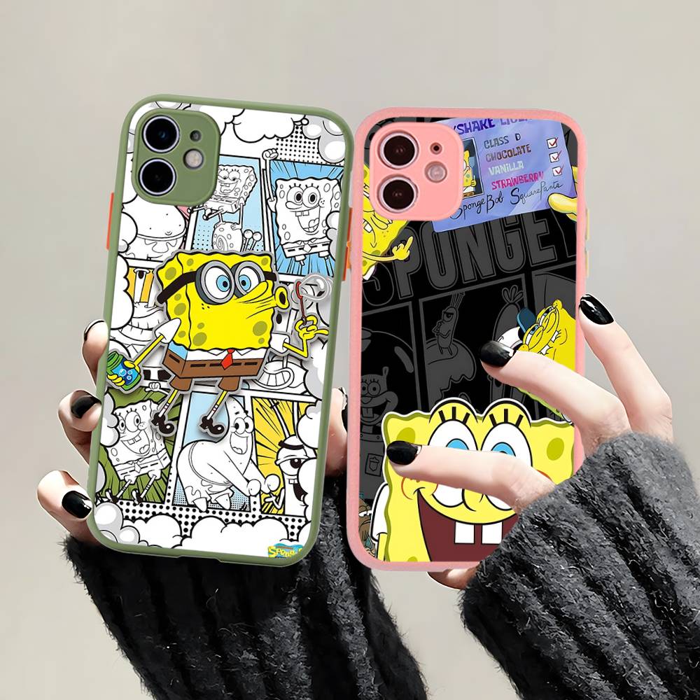Cartoon Cute S-SpongeBob Anime Phone Case For IPhone 11 12 13 14 15 16 Pro Plus X XS MAX Matte Bumper Shockproof Cover