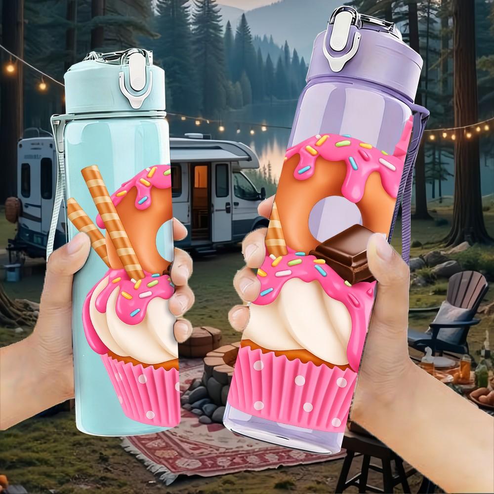 1PC Cupcake Cartoon Pattern 750ml Color Plastic Sports Water Bottle Leakproof Flip Straw Lid Suitable for Sports Office Home Use