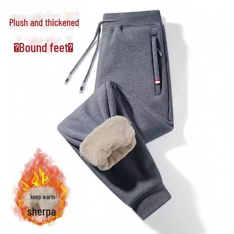 

Мужские повседневные спортивные брюки из овчины с подкладкой из бархата и карманами на молнии (Большой размер, свободный крой) 2XL (135-140 jin)