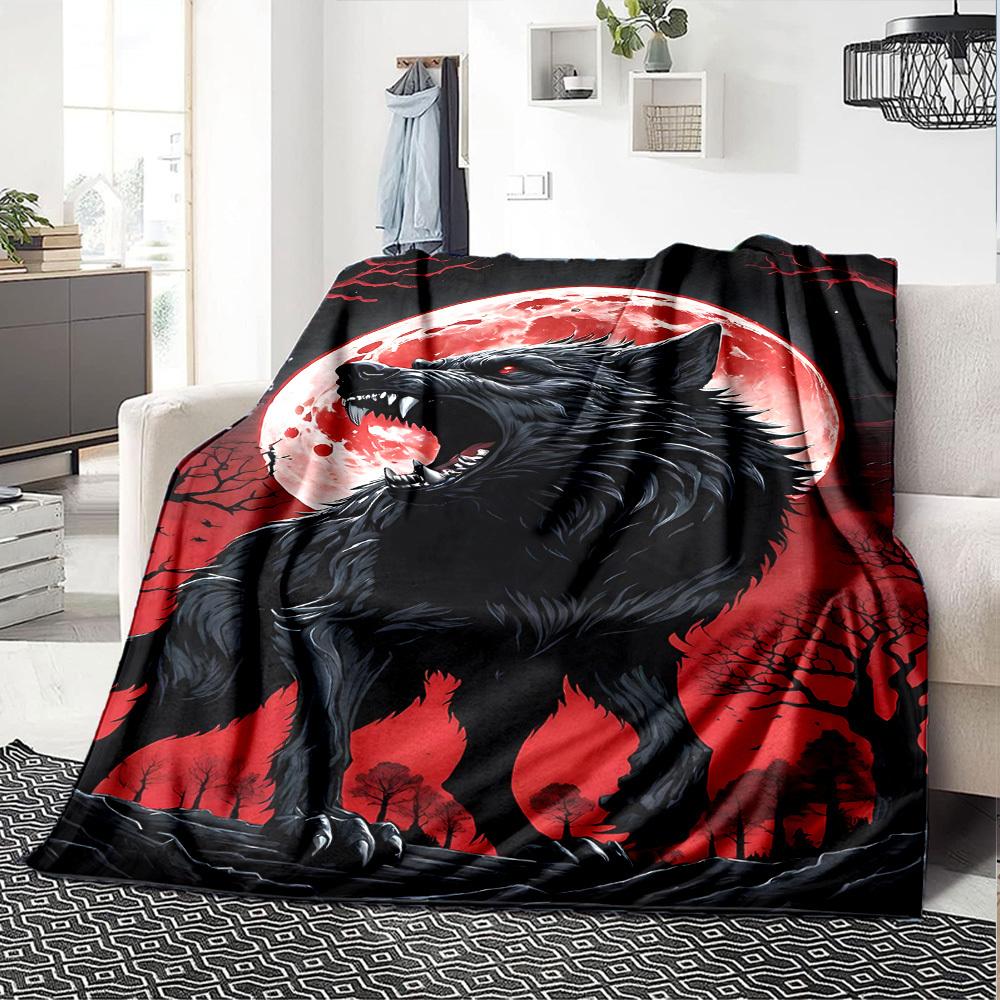 1pc Wolf Howling Moon Soft Warm Throw Blanket Nap Blanket For Couch Sofa Office Bed Camping Travel,Comfortable
