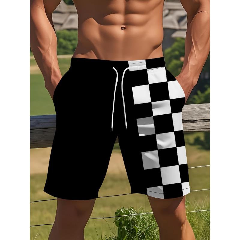 

Men s Black and White Checkered Swim Shorts - Lightweight, quick-drying fiber board shorts, elastic drawstring waist, allover checkerboard pattern 6XL