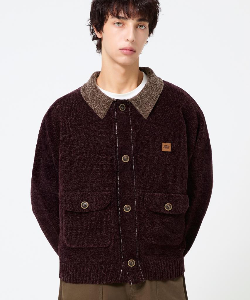 TRILLION Leather Patchwork Velvet Cardigan Knit_Purple Brown