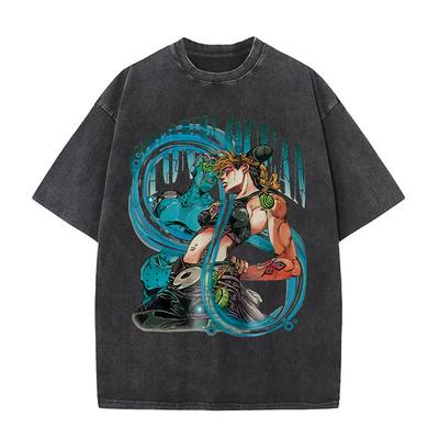 Anime JoJo's Bizarre Adventure Jolyne Washed Vintage T-shirt Summer Men Women Manga Casual Cotton Crewneck Short Sleeve T Shirt