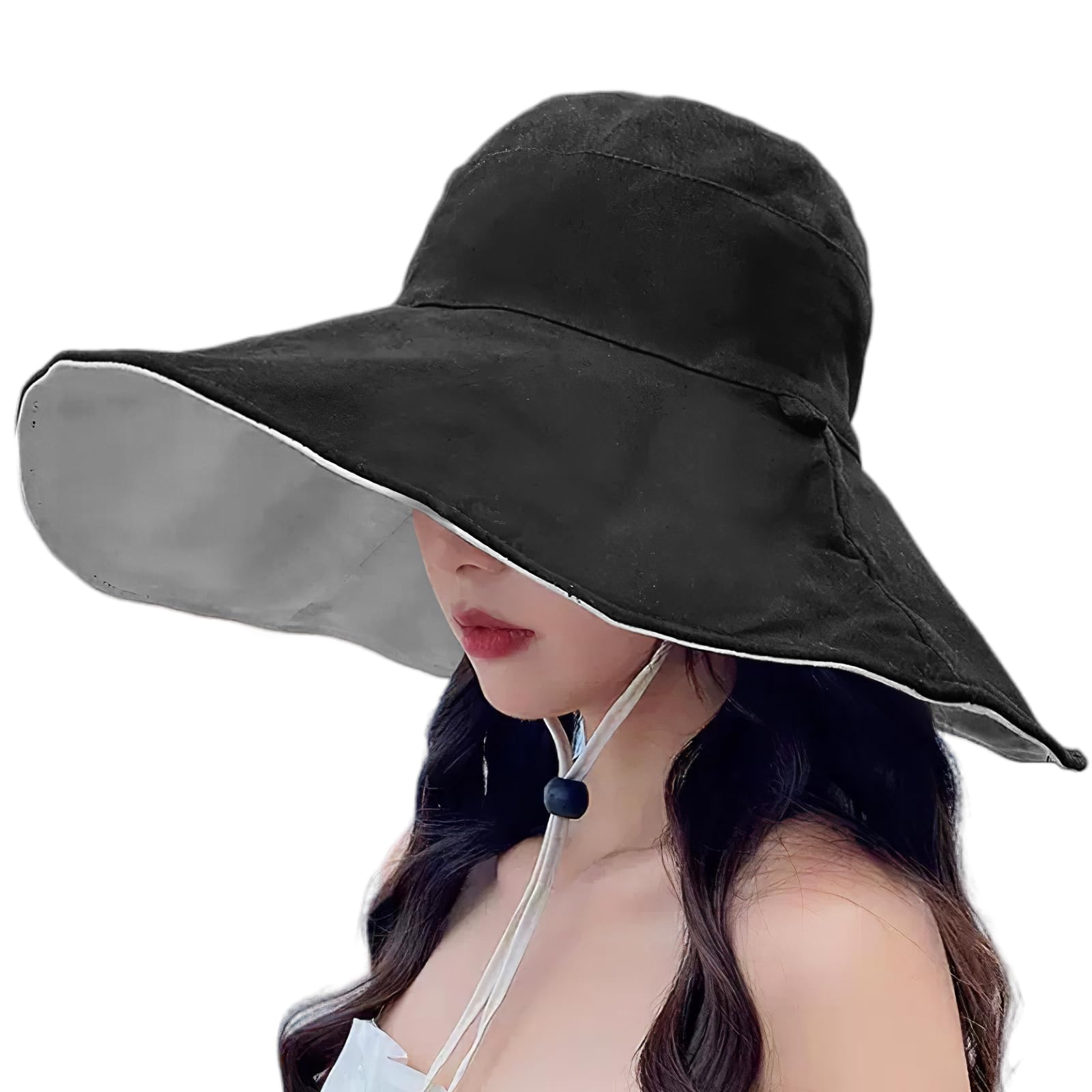 

Широкополая шляпа от солнца UV делает лицо визуально более худым, как у актрисы, выходящей на улицу [CANFEEL], Защита, Женская шляпа, Двусторонняя шляпа, Поля, Маленький, чёрный