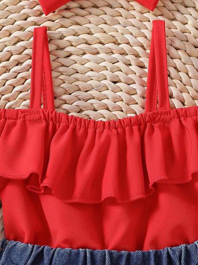 2025 New Arrival Girls' Euro-American Spaghetti Strap Ruffled One-Shoulder Top + Heart Washed Denim Set