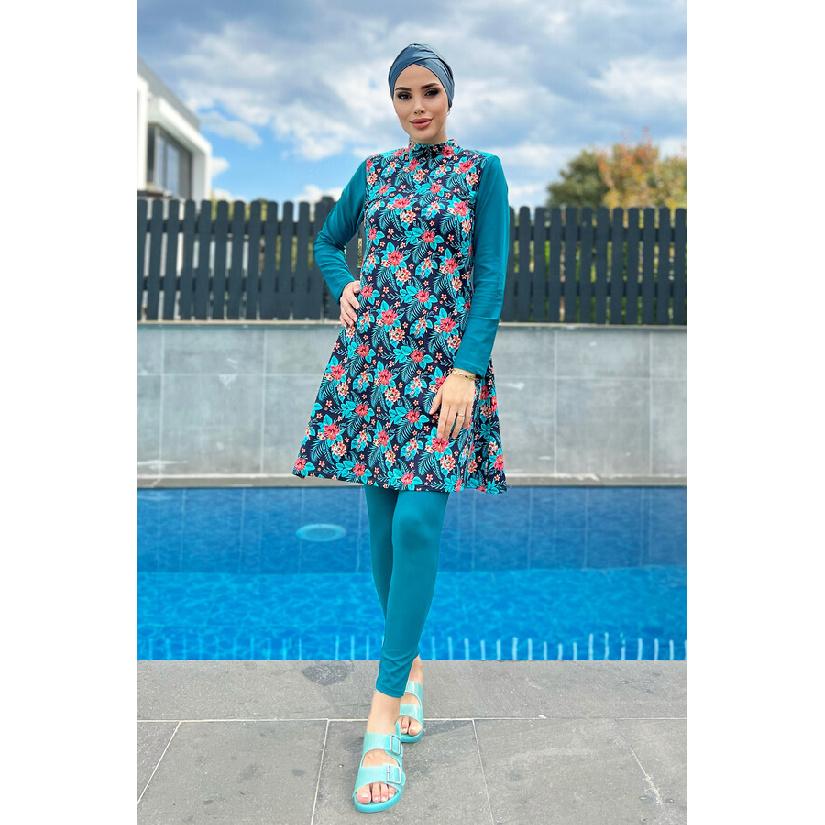 Swimsuit Women Set, Hijab Burki Set,Islamic Swimwear, Muslim Swimwear, Women Burkini,4 Pieces Set; Trousers, Tunic, Scarf, Bustier.