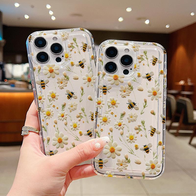 Cute Honeybee Flower Pattern Soft Clear hone Case For iPhone 17 16 16E 15 14 13 12 11 Pro Max Air XS X XR 7 8Plus SE2 Soft Cover