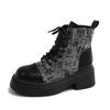 Herbst- und Winterstiefel im europäischen und amerikanischen Stil mit Schnürung, bequemer dicker Sohle, bedruckt, modisch, kurz