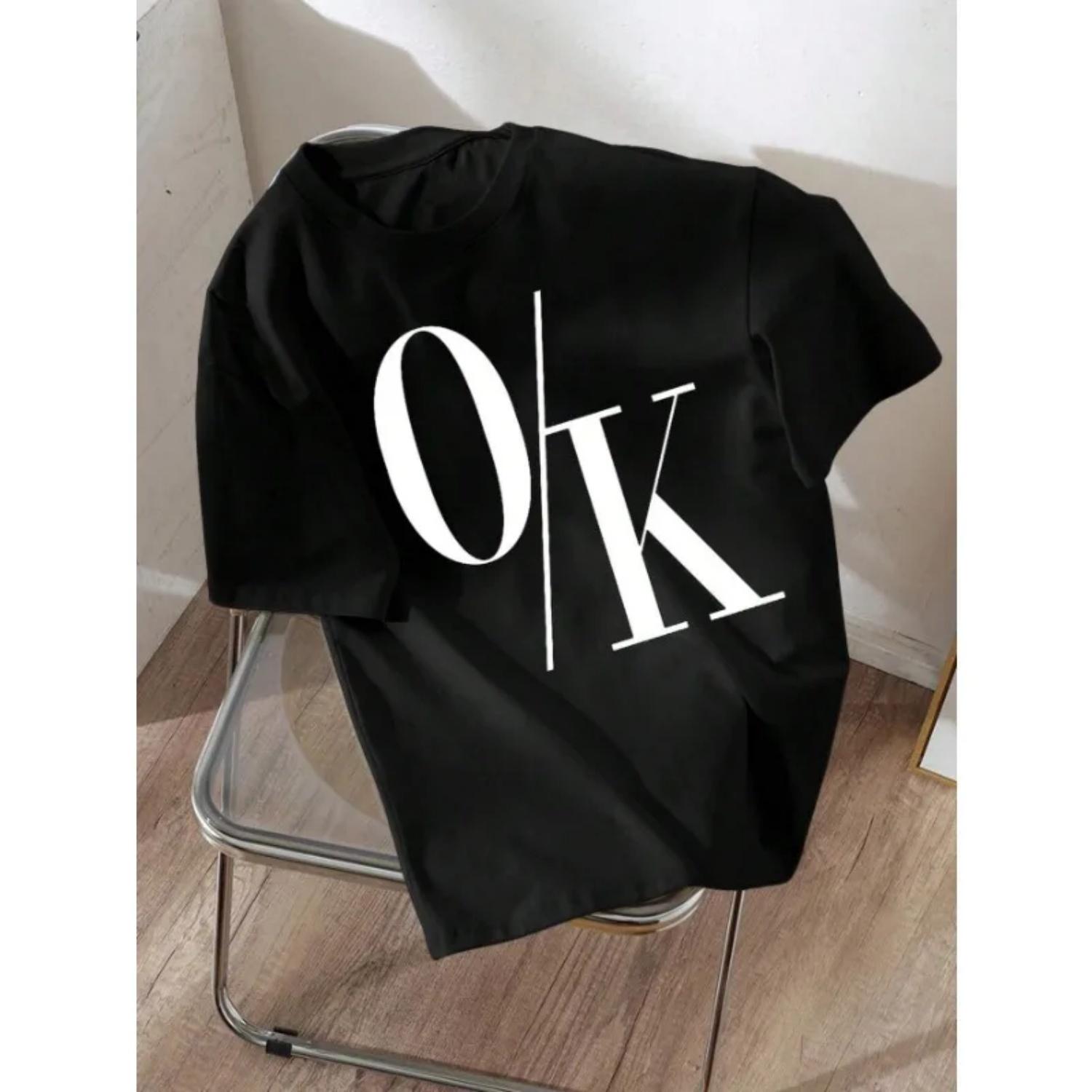 Summer Letter OK Fun Printed Cotton T-shirt Top Y2k Personalized Fashion Round Neck Plus Size T-shirt Womens Loose Casual Top S чёрный