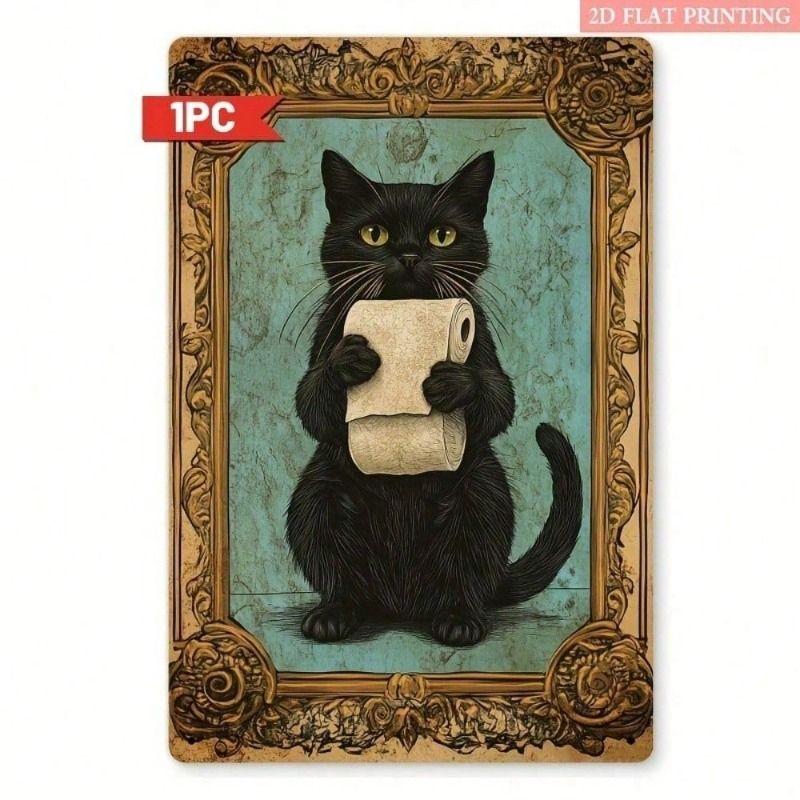 

Retro Cat With Toilet Paper Metal Poster Wall Decor