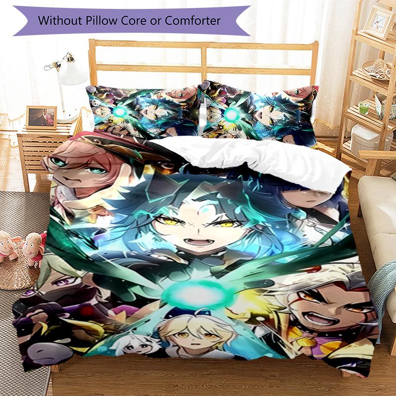Set lenzuola con motivo personaggi Genshin Impact 3 pezzi set copripiumino include copripiumino e federe, decorazione camera da letto e regalo perfetti per tutte le stagioni