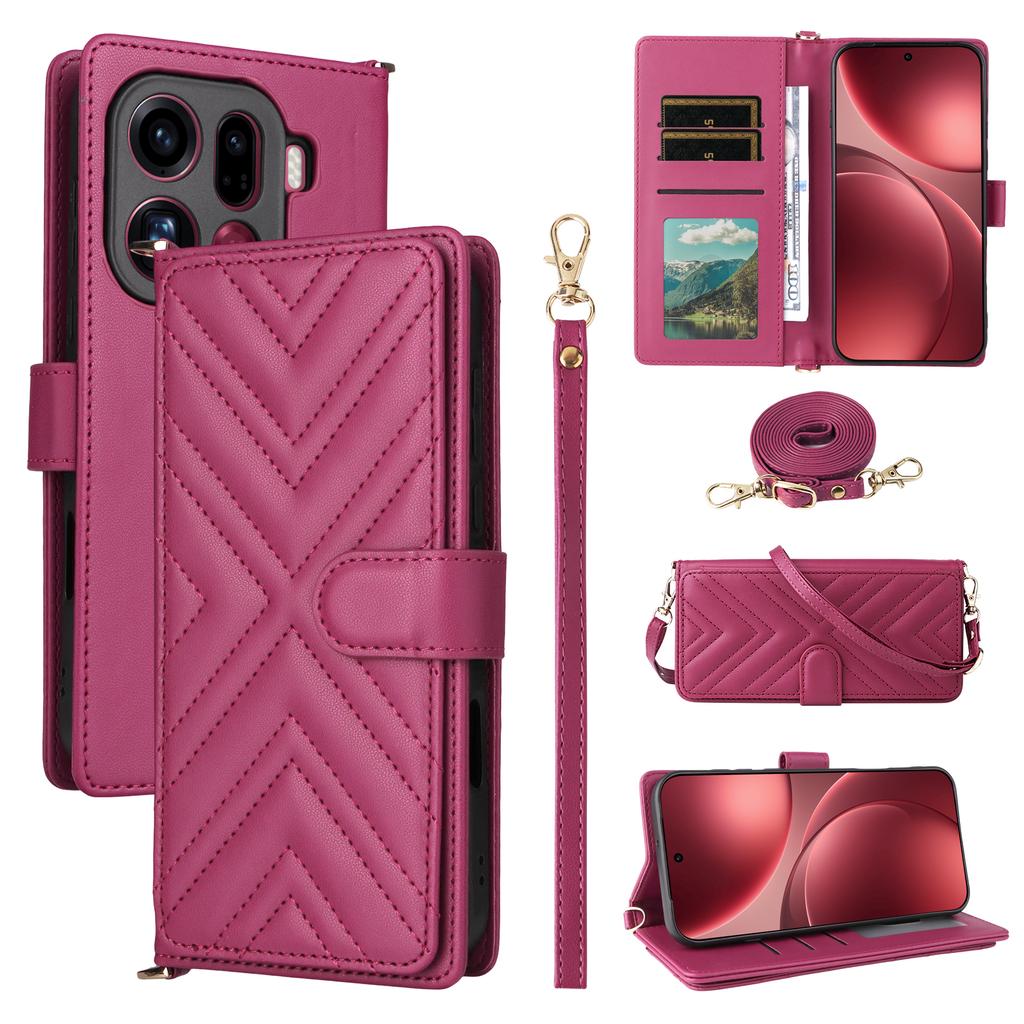 For Oppo Find X9 Pro 5G Leather Case Stand Wallet Phone Cover with Shoulder/Wrist Strap