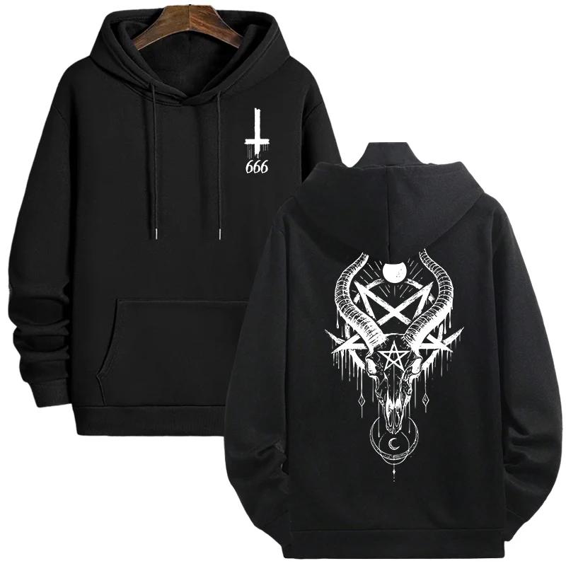 Men's Gothic Hoodies Demonic Horror Face Print Sweatshirt Streetwear Autumn Winter Male Top Casual Pullover 666 & Inverted Cross