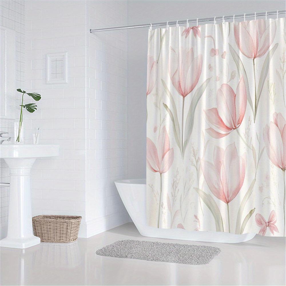 1pc Pink tulip patterned shower curtain, polyester fabric, machine washable, with hooks, suitable for bathroom décor.