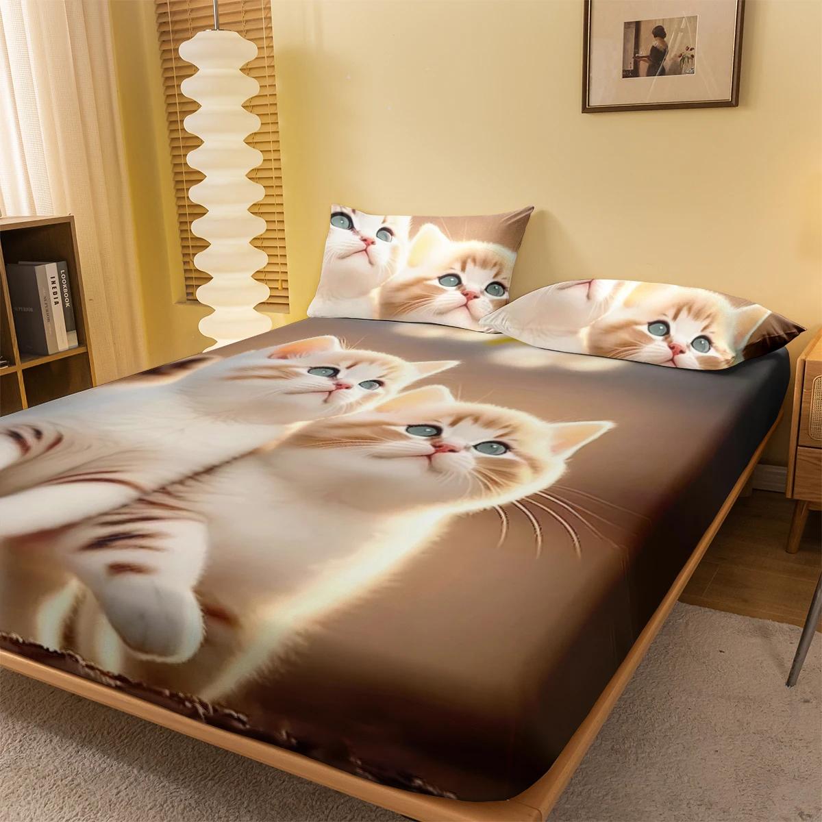 

1 мультяшная милая Животное Кошка с цифровой печатью матовая простыня на резинке, напечатанное покрывало для спальни, постельное белье(Нет наволочки) 100x200x25cm