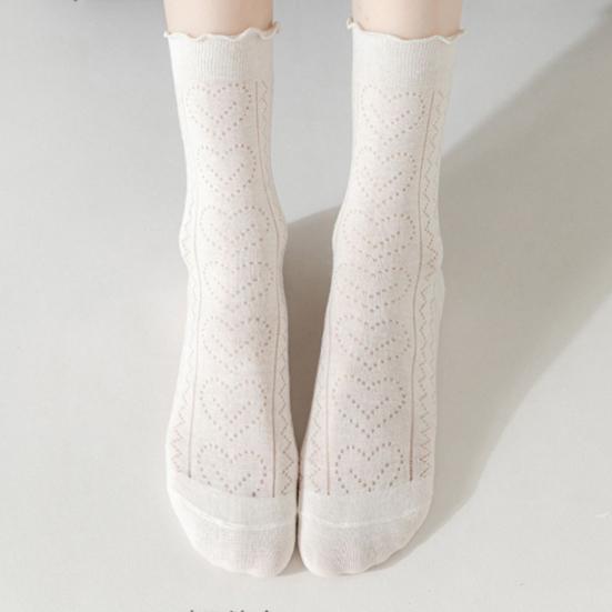 1 Pair Women Summer Socks Mid-tube Thin Shirring Lace Anti-slip Cooling Solid Color High Elasticity Sweat Absorption Adult Home Yoga Socks Piled Socks