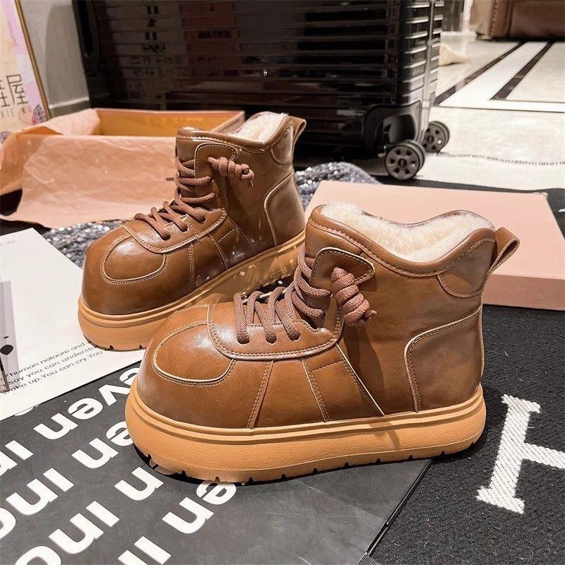 Thick-soled big-head matte snow boots autumn and winter lace-up casual versatile non-slip warm cotton shoes women's velvet