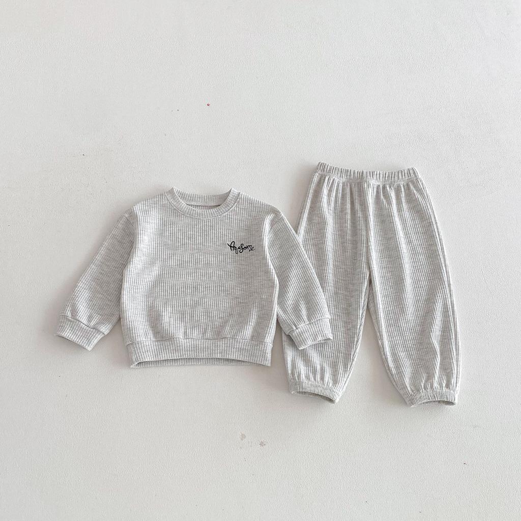 Spring Arrival: Unisex Waffle Knit Two-Piece Set for Toddlers & Kids with Letter Embroidery - Korean Style Home Wear