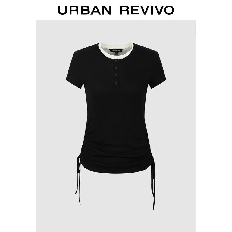 UR 2025 Women's Pleated Contrast Collar Short Sleeve T-shirt