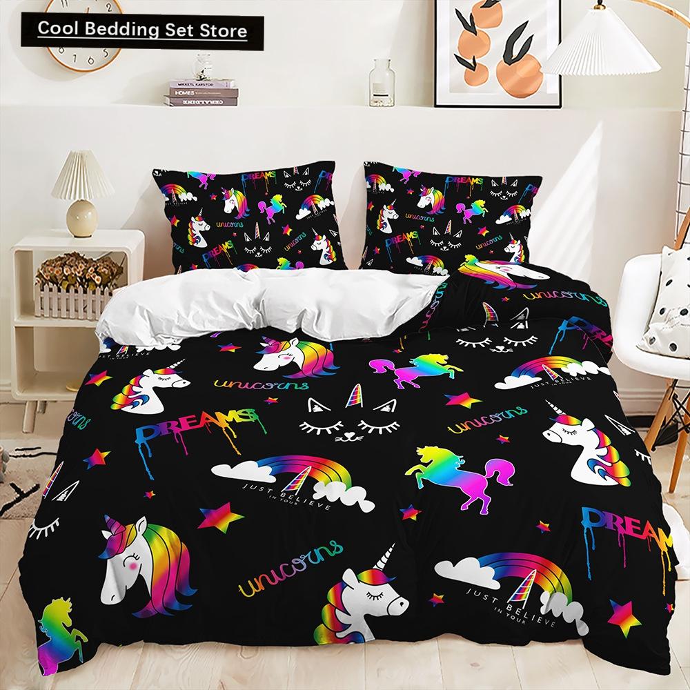 Rainbow Unicorn Bedding Set King Queen Size Rainbow Unicorns Duvet Cover Set with Pillowcase Polyester Bed Linen for Kids Girls