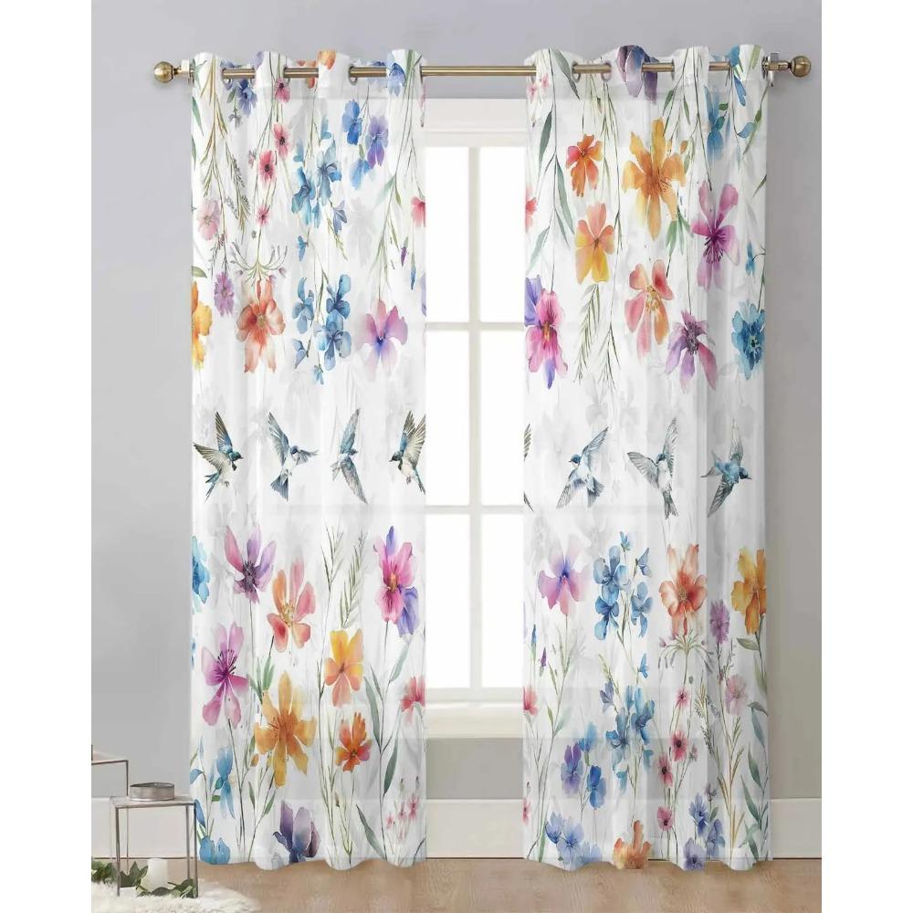 Watercolour Leaves Plants Flowers Butterflies Translucent Drapes Living Room Window Opening Clear Voile Tulle Drape Curtains Home Decor